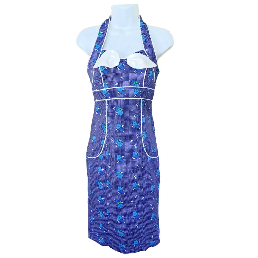 VooDoo Vixen Marcia Blue Floral Pencil Dress Retro Halter XS/S Pinup Rockabilly - Picture 2 of 9